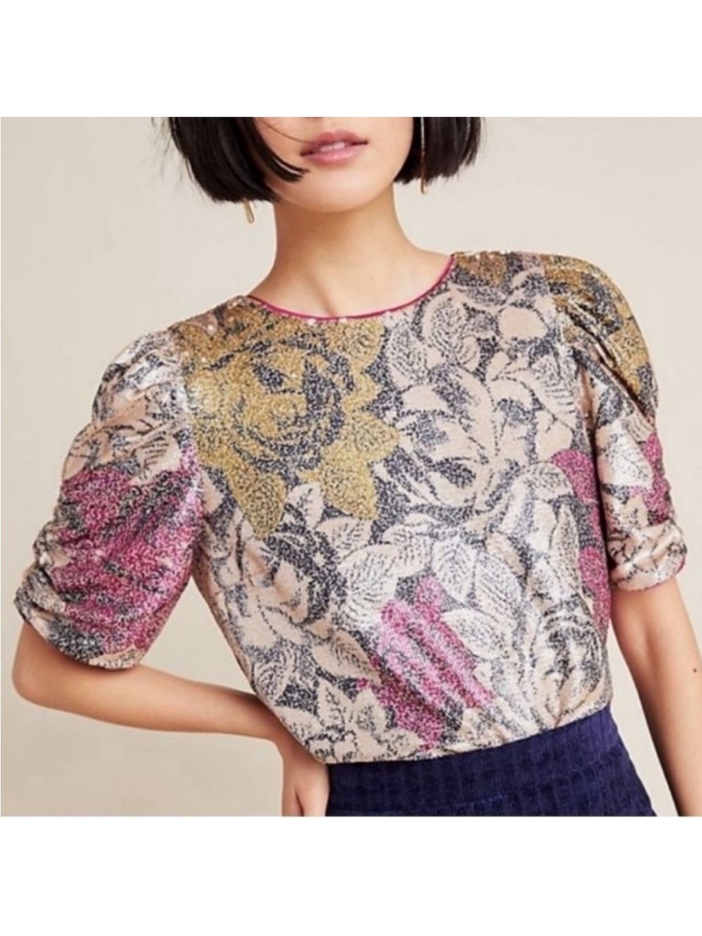 EUC Anthropologie Floral Metallic Sequin Puff-Sleeve Top in Pink and Gold size 8